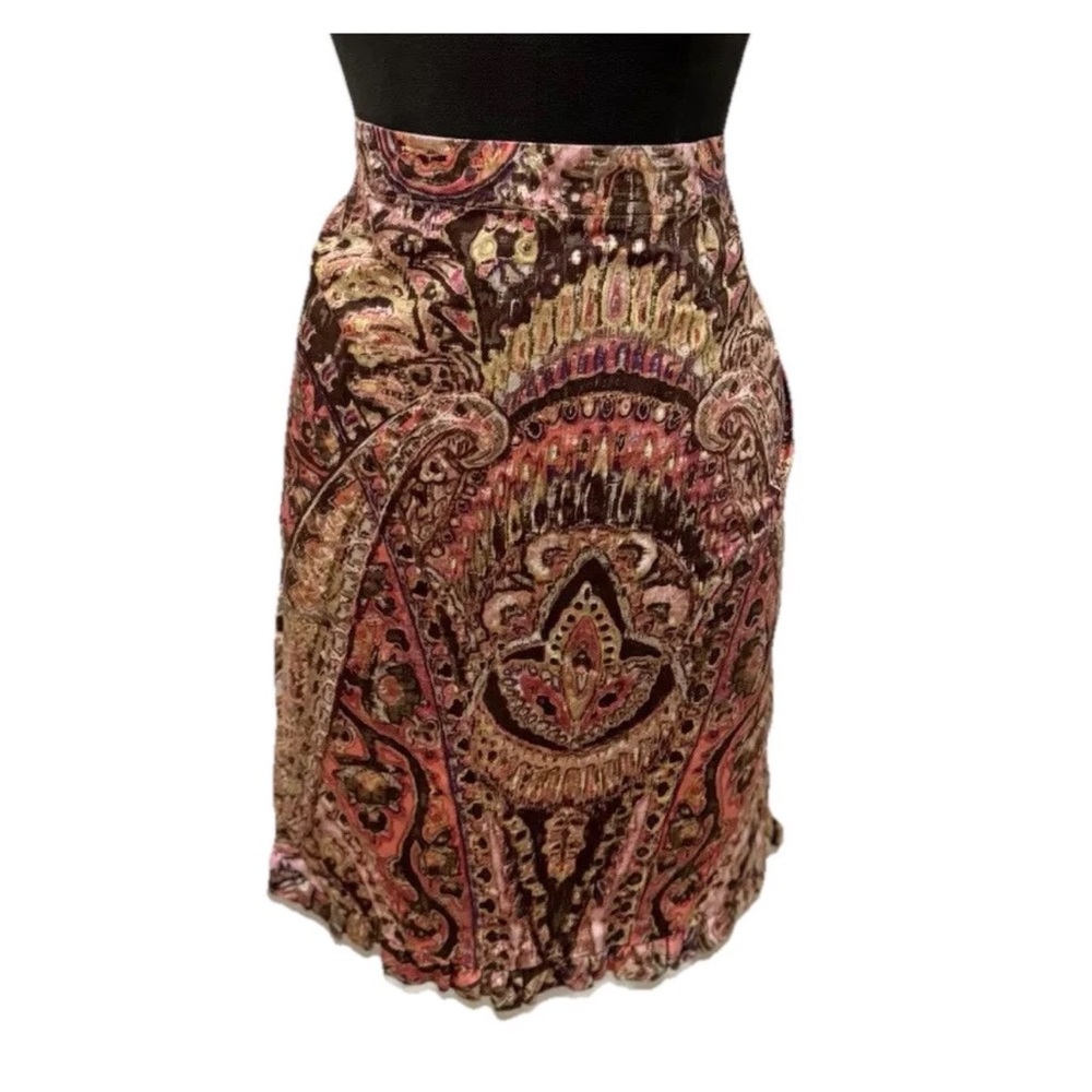 Sunny Leigh women’s brown & pink paisley boho pencil skirt W/ruffled hem-cotton